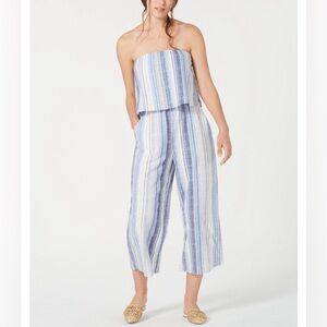 Be Pop' Strapless Popover Jumpsuit, Striped Blue and White, Size Small